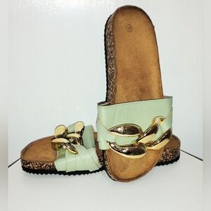 SAGE SLIDES WITH GOLD CHAIN NWOT